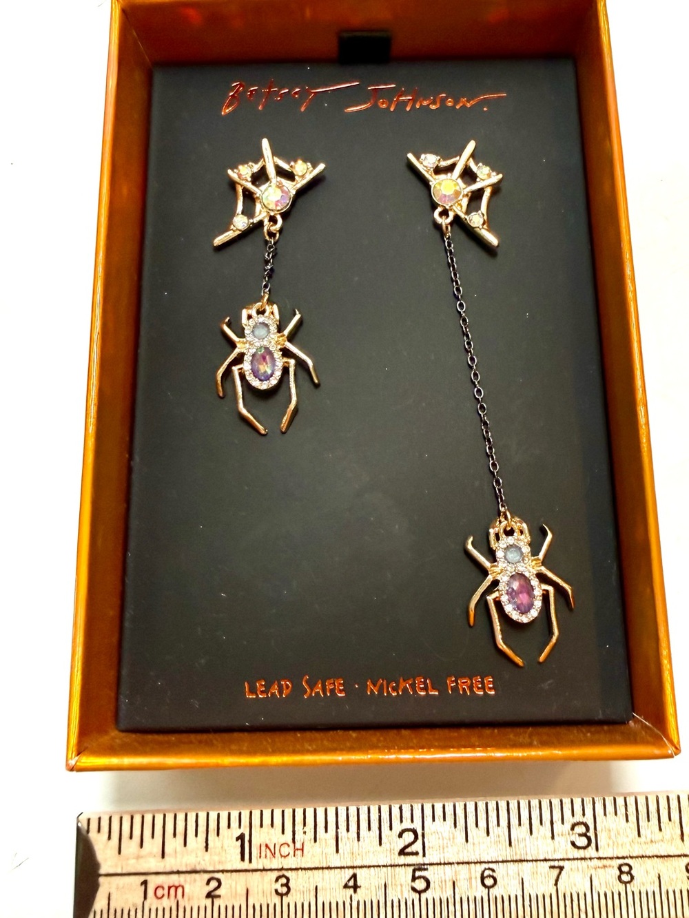 * Betsey Johnson Gold-Tone Mismatched Spider Drop Earrings with Pink Gems